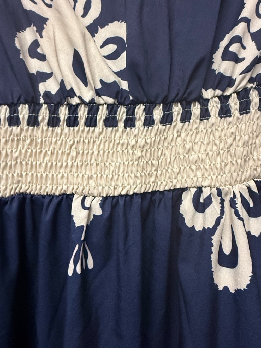 Navy & Cream Boho Midi Dress XL Lightweight Flowy Smocked Waist - Picture 3 of 4
